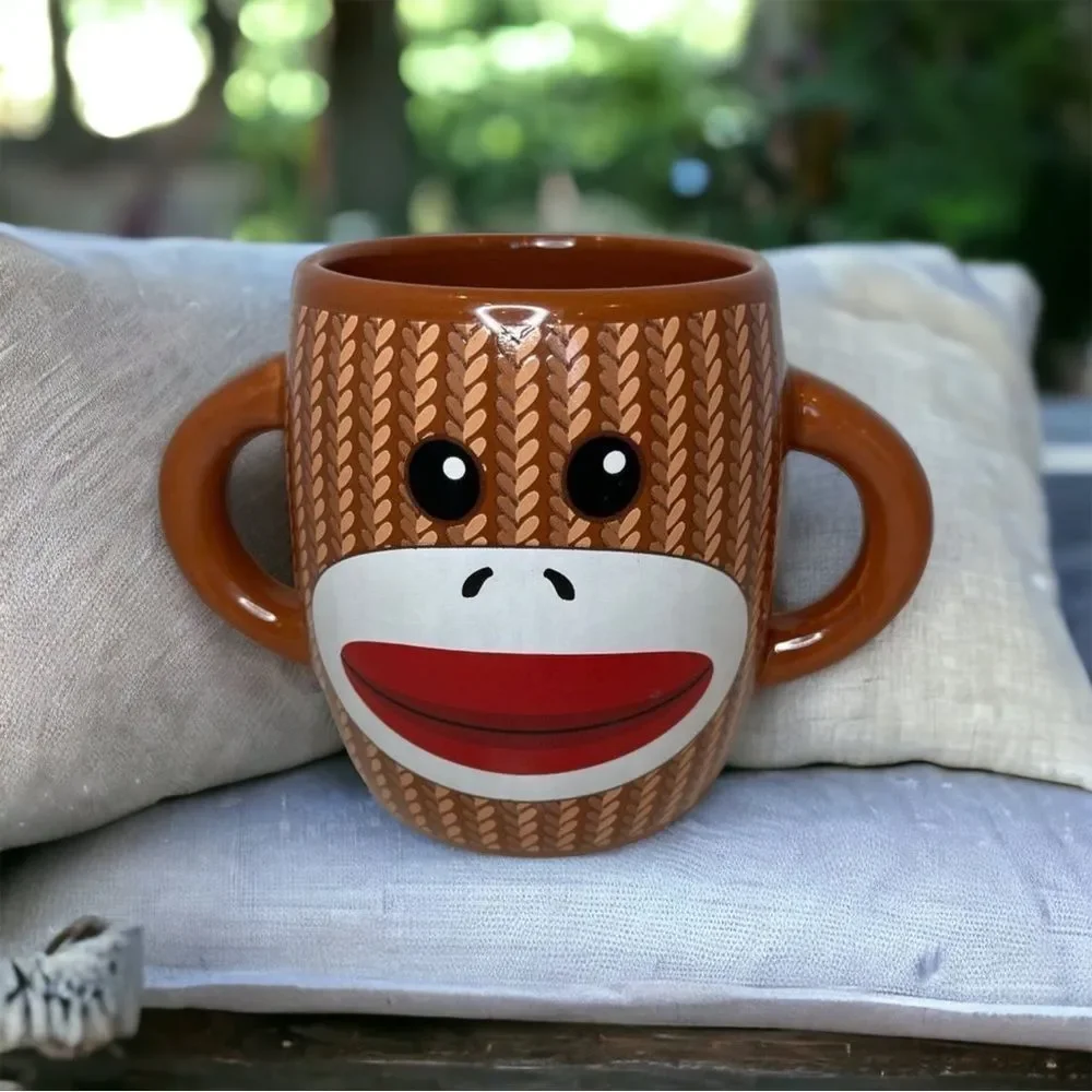 Cutest sock monkey coffee cup mug double handle - Picture 1 of 5